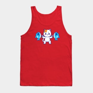 Cute Cat Lifting Fish Barbell Cartoon Tank Top